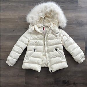 Moncler Ivory Kids Puffer Coat with Fur Hood